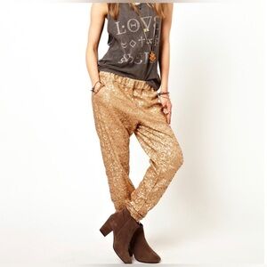 REVOLVE XS Gold Champagne Baddie Sequin Party Pant Jogger Free People Holiday